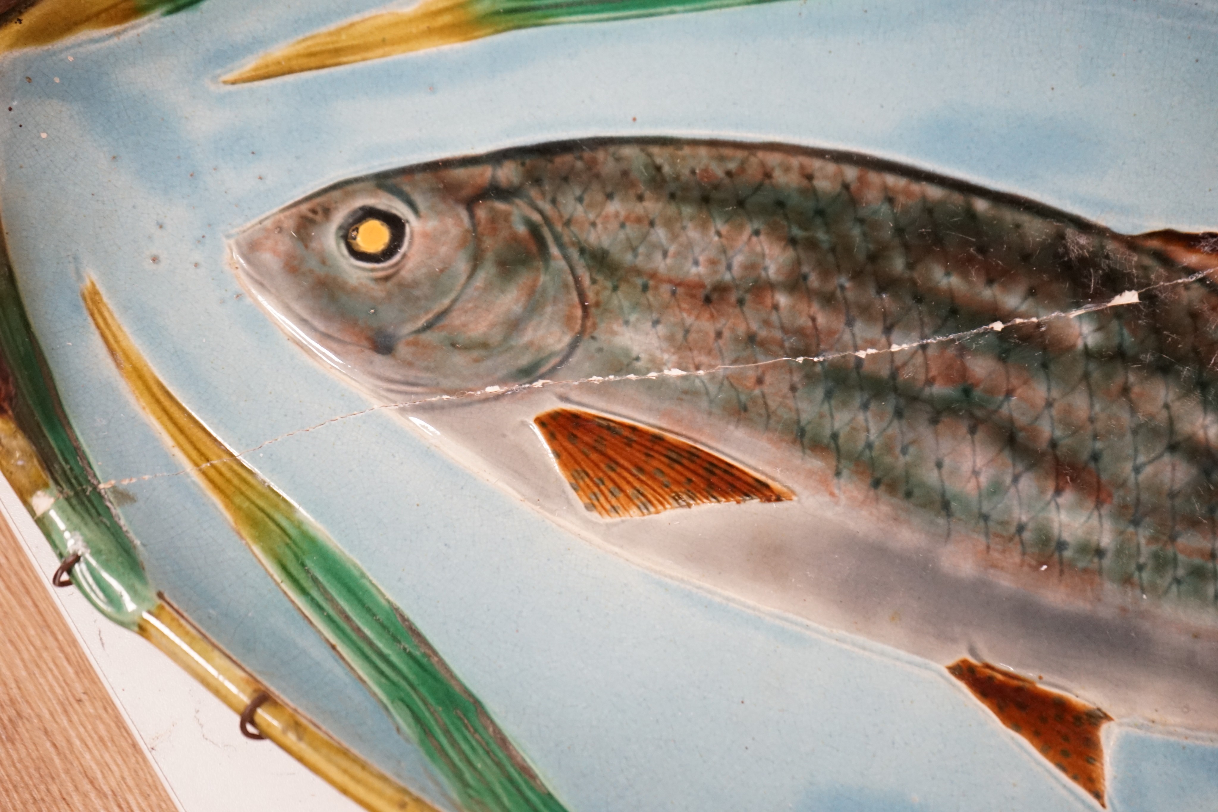 A large Victorian majolica fish dish by Joseph Holdcroft, (a.f) 68cm